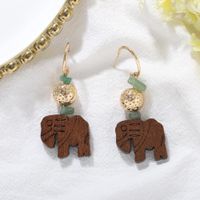 New Fashion Creative Wood Carving Artificial Gems Stitching Cute Elephant Long Earrings For Women Wholesale main image 5