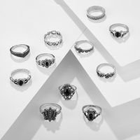 Fashion Retro Black Gemstone Water Drop Diamond Geometric Hollow Lotus Set Ring 11 Piece Set main image 6
