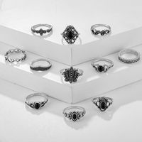 Fashion Retro Black Gemstone Water Drop Diamond Geometric Hollow Lotus Set Ring 11 Piece Set main image 7