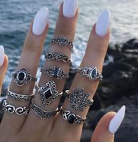 Fashion Retro Black Gemstone Water Drop Diamond Geometric Hollow Lotus Set Ring 11 Piece Set sku image 13