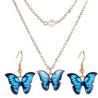 New Fashion Butterfly Necklace Colorful Double Pearl Butterfly Pendant Elegant Butterfly Earring Set Wholesale sku image 5