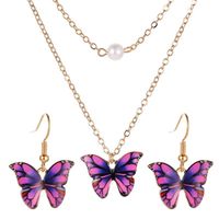 New Fashion Butterfly Necklace Colorful Double Pearl Butterfly Pendant Elegant Butterfly Earring Set Wholesale sku image 4