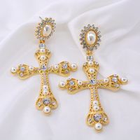 New Korean  Baroque Long Cross Earrings Pink Crystal Tassel Palace Retro Cold Wind Earrings Nihaojewelry Wholesale main image 1