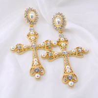 New Korean  Baroque Long Cross Earrings Pink Crystal Tassel Palace Retro Cold Wind Earrings Nihaojewelry Wholesale sku image 1