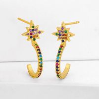 Hot-sale Fashion Simple Accessories Wholesale Micro-set Rainbow Zircon Earrings C-shaped Geometric Six-point Star Earrings Nihaojewelry Wholesale main image 4