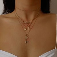 Fashion Jewelry Retro Lock-shaped Jesus Multi-layer Necklace Temperament Relief Letter Creative Key Necklace main image 3