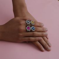 Jewelry Punk Fashion Geometric Metal Jewelry Personality Color Rhinestone Heart-shaped Micro Ring sku image 1