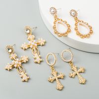 Style Fashion Long Earrings Ladies Alloy Diamond Pearl Earrings Creative Exaggerated Cross Earrings Wholesale main image 1