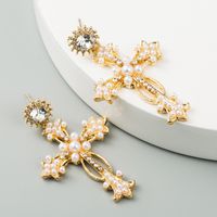 Style Fashion Long Earrings Ladies Alloy Diamond Pearl Earrings Creative Exaggerated Cross Earrings Wholesale main image 4