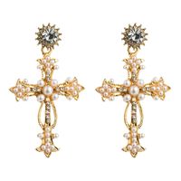 Style Fashion Long Earrings Ladies Alloy Diamond Pearl Earrings Creative Exaggerated Cross Earrings Wholesale main image 6