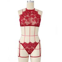 Fashion New Sexy Red  Lingerie  Three-dimensional Embroidery Lace Perspective Temptation Bra Hanging Neck Sexy Suit Wholesale main image 5