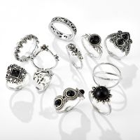 Bohemian Retro Flower Ring 11 Piece Set Hollow Carved Black Gem Joint Ring New Wholesale Nihaojewelry main image 5