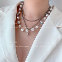 Korea Dongdaemun Modell Kalten Wind Mode Design Sinn Mehrstufiges Kreuz Perle Schlüsselbein Kette Halskette Choker main image 3
