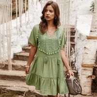 Summer New Lace Stitching Solid Color V-neck Lady Dress Nihaojewelry Wholesale main image 1