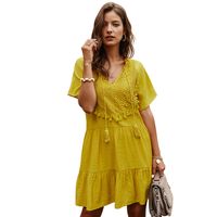 Summer New Lace Stitching Solid Color V-neck Lady Dress Nihaojewelry Wholesale main image 3