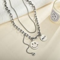 The New Cold Double-layer Expression Smiley Necklace Titanium Steel Hip-hop Tassel Mom Round Letter Alphabet Necklace main image 4