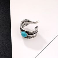 Cross-border Hot Selling Ornament European Vintage Feather Inlaid Turquoise Ring Men's Opening Ring  Burst main image 5