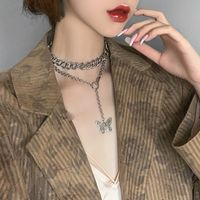 New Fashion Exaggerated Thick Chain Butterfly Necklace Personality Double Neck Chain Hip Hop Pendant Short Clavicle Chain Wholesale Nihaojewelry main image 1