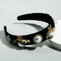 Europäische Und Amerikanische Mode Gold Samt Biene Blume Perle Stirnband Frauen Einfache Und Wilde Breit Krempige Strass-promi-stirnband sku image 1