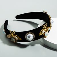 Europäische Und Amerikanische Mode Gold Samt Biene Blume Perle Stirnband Frauen Einfache Und Wilde Breit Krempige Strass-promi-stirnband sku image 3