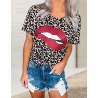 Summer Explosion Models Lips Printing Leopard Print Round Neck Short Sleeve T-shirt Tops Wholesale Nihaojewelry main image 5
