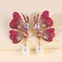 New Big Rhinestone Butterfly Wings Pearl Earrings Exaggerated Big Ladies Earrings Wholesale Nihaojewelry main image 3