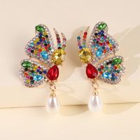 New Big Rhinestone Butterfly Wings Pearl Earrings Exaggerated Big Ladies Earrings Wholesale Nihaojewelry main image 4