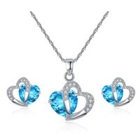 Simple And Stylish Blue Heart Earring Set Zircon Micro Inlaid Double Heart Short Necklace Earring Set Wholesale Nihaojewelry sku image 1