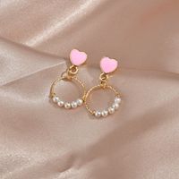 Korean Sweet Pink Love Heart-shaped Earrings Simple Pattern Circle Elegant Pearl Earrings Wholesale Nihaojewelry main image 4