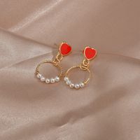 Japanische Und Koreanische Süße Rosa Herzförmige Ohrringe Ins Mädchen Koreanische Einfache Muster Kreis Elegante Perlen Ohrringe Frauen main image 6