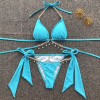 Lake Blue Crystal Diamond Straps Triangle Sexy Bikini Gathered Swimwear Wholesale Nihaojewelry main image 3