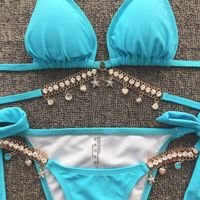 Lake Blue Crystal Diamond Straps Triangle Sexy Bikini Gathered Swimwear Wholesale Nihaojewelry main image 4