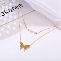 Hot Double-layer Imitation Pearl Butterfly Pendant Necklace Creative Retro Clavicle Chain Wholesale Nihaojewelry main image 4