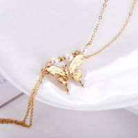 Hot Double-layer Imitation Pearl Butterfly Pendant Necklace Creative Retro Clavicle Chain Wholesale Nihaojewelry main image 5