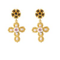 Retro Elegant Gorgeous Palace Gem Cross Baroque Ceramic Flower Pearl Silver Needle Earrings Wholesale Nihaojewelry main image 2