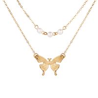 Hot Double-layer Imitation Pearl Butterfly Pendant Necklace Creative Retro Clavicle Chain Wholesale Nihaojewelry sku image 1