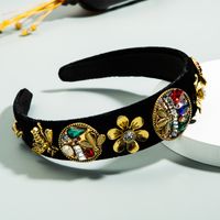Retro Baroque Palace Style Color Rhinestone Headband Black Gold Velvet Fabric Flower Headband main image 3