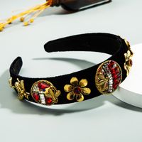 Retro Baroque Palace Style Color Rhinestone Headband Black Gold Velvet Fabric Flower Headband sku image 1