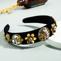 Retro Baroque Palace Style Color Rhinestone Headband Black Gold Velvet Fabric Flower Headband sku image 3