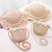 Children's Hats Girls Summer Shade Sunscreen Seaside Sun Hats Sweet Cute Crossbody Bag Colored Ball Lotus Leaf Straw Hat Wholesale Nihaojewelry main image 3