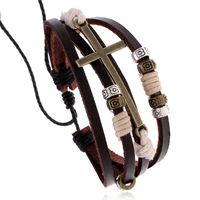 Hot Sale Beaded Leather Bracelet Retro Woven Bronze Cross Bracelet Wholesale Nihaojewelry main image 1