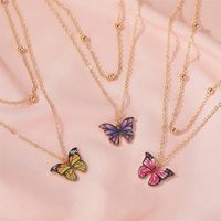 Hot Sale Retro Double-layer Bead Butterfly Necklace Fantasy Color Butterfly Clavicle Chain Women main image 3