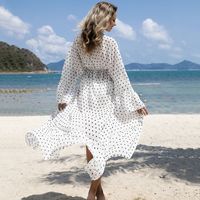 White Dot Black Chiffon Loose Long Cardigan Beach Sunscreen Jacket Bikini Blouse Swimsuit Wholesale Nihaojewelry main image 4