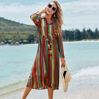 New Rayon Color Stripe Belt Long Dress Beach Skirt Holiday Sunscreen Bikini Blouse Swimsuit Wholesale Nihaojewelry main image 1