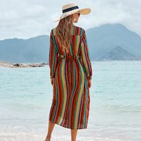 New Rayon Color Stripe Belt Long Dress Beach Skirt Holiday Sunscreen Bikini Blouse Swimsuit Wholesale Nihaojewelry main image 5