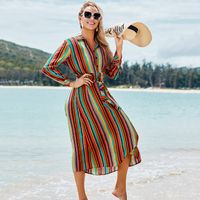 New Rayon Color Stripe Belt Long Dress Beach Skirt Holiday Sunscreen Bikini Blouse Swimsuit Wholesale Nihaojewelry main image 4