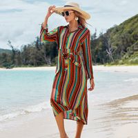 New Rayon Color Stripe Belt Long Dress Beach Skirt Holiday Sunscreen Bikini Blouse Swimsuit Wholesale Nihaojewelry sku image 1