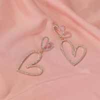 Exaggerated Long Diamond-encrusted Hollow Heart-shaped Earrings Micro-inlaid Double Heart Earrings Wholesale Nihaojewelry main image 4