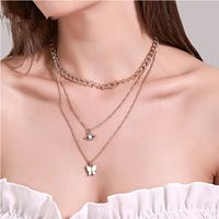 Multi-layer Necklace Retro Metal Thick Chain 3-layer Green Eye Long Necklace Butterfly Sweater Chain Women main image 6