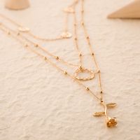 Fashion Golden Rose Flower 3-layer Necklace Printing Human Head Wave Circle Sequin Necklace Women main image 3